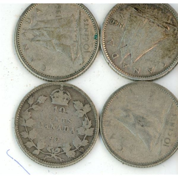 (4) Vintage Canadian 10 Cent Coins 80% Silver Composition (1907,56 and (2) 1960)