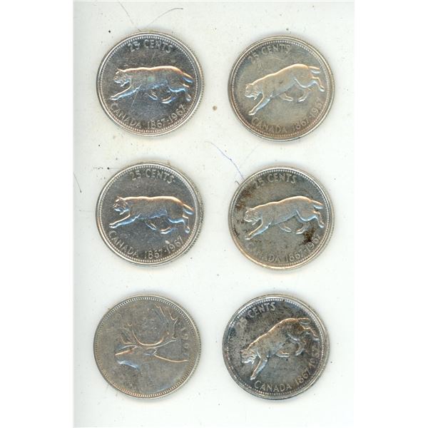 (5) 1967, (1) 1961 Silver 25 Cents.