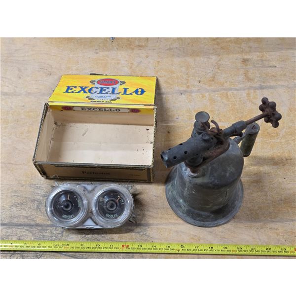 Antique blowtorch and misc items