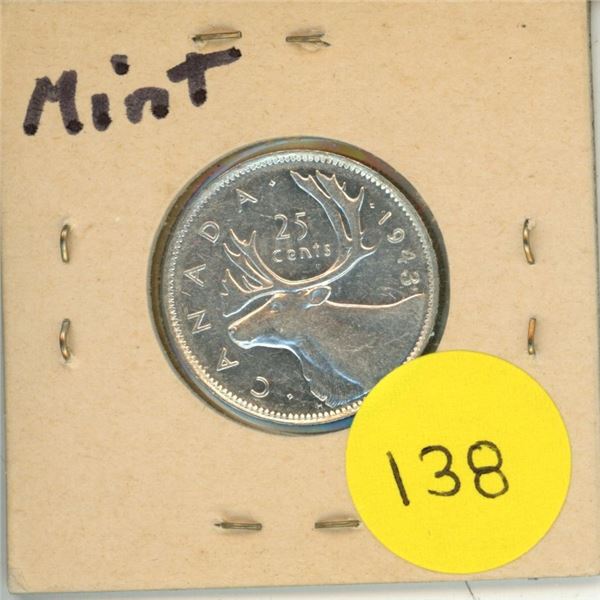 1943 Canada Silver 25 Cents Coin.