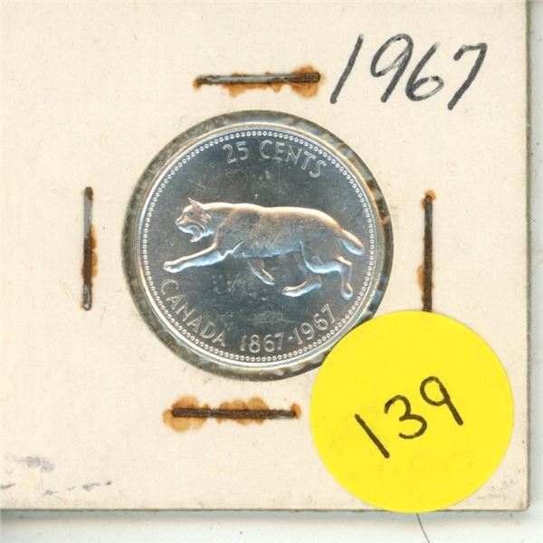 1967 Canada Silver 25 Cents Coin.