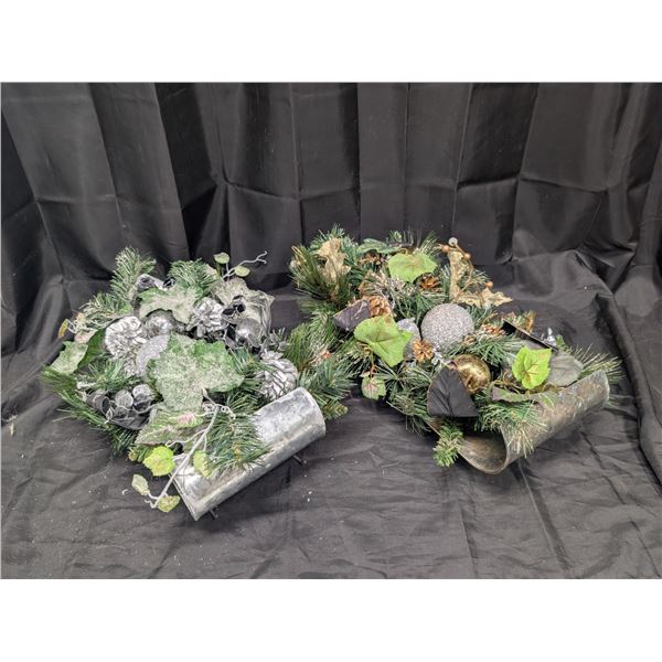 (2) Christmas Sleigh Decor (Metal Sleigh w/ Reef and Ornaments)