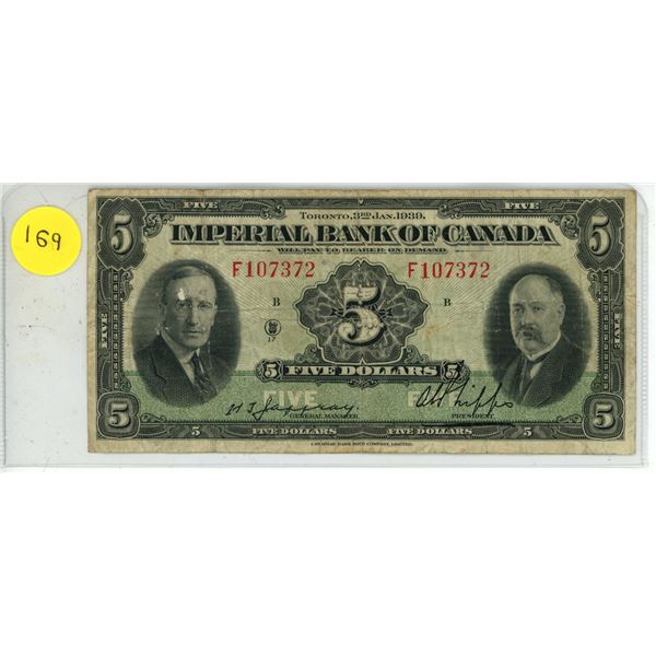 1939 Imperial Bank of Canada 5 Dollars.