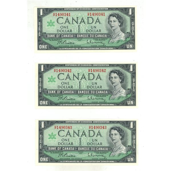 (3) 1967 Bank of Canada One Dollars -Uncirculated. (In Sequence)