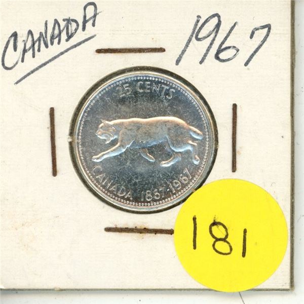 1967 Canada Silver 25 Cents Coin.