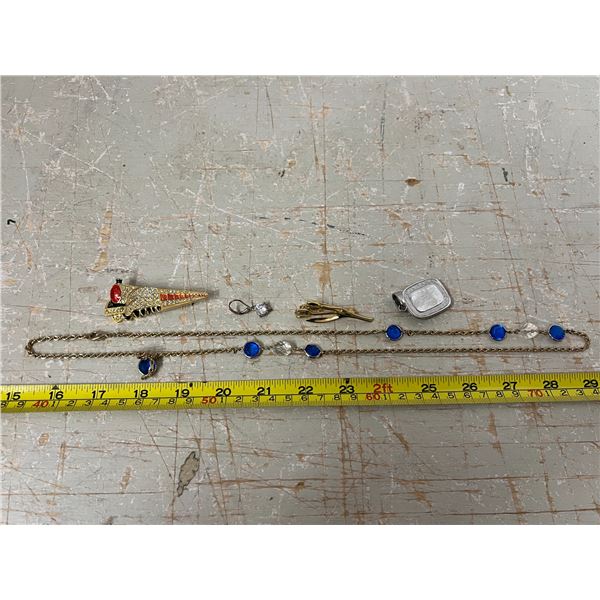 14" Necklace, 2 Broochs, Pendant, Misc