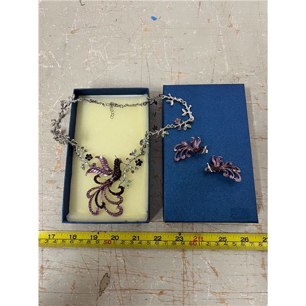 10" necklace multicolor stones, Large Bird Ear ring set