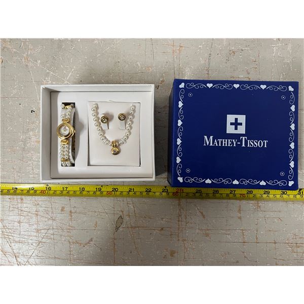 Mathey- Tissot Watch, Necklace, earring set pearl design in box (Broken Strap)