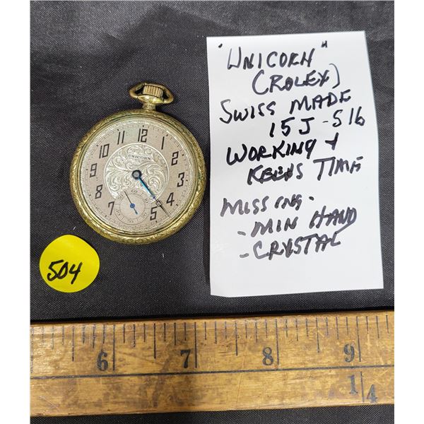 Unicorn "Rolex" 15J Swiss, Working Missing Mint Hand and Crystal