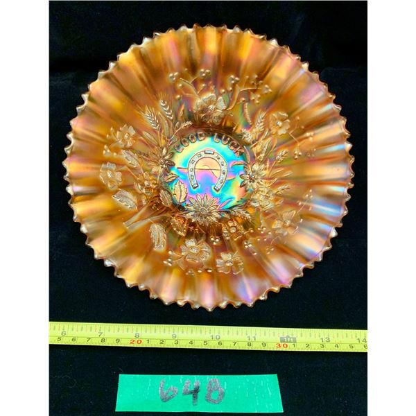 Vintage Northwood pumpkin marygold good luck carnival glass bowl