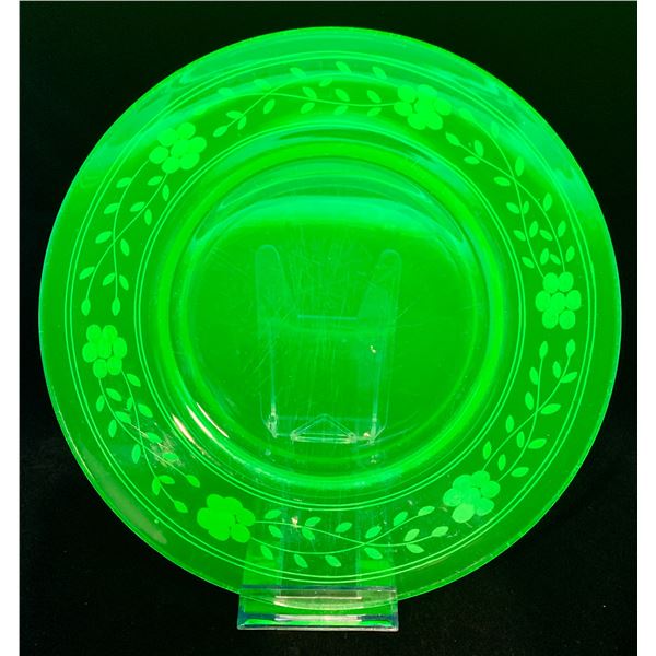 Vintage Uranium glass 8.75" floral wheel dinner plate- unsure of year