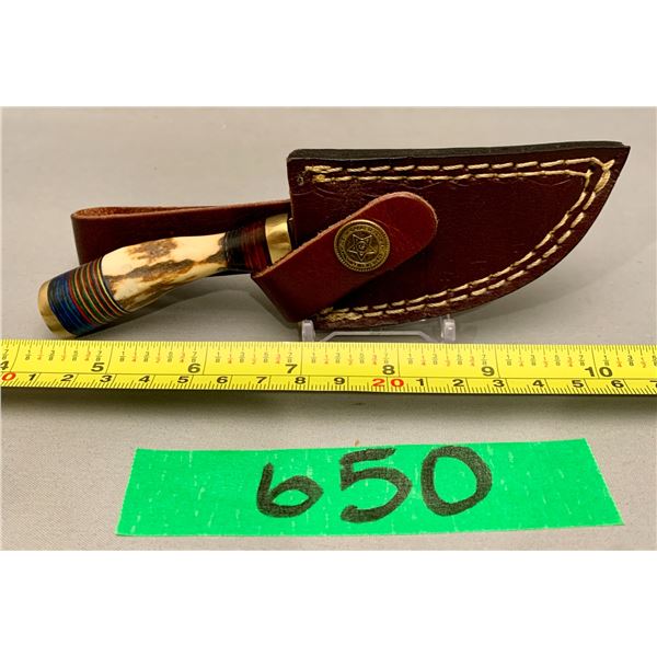 Custom handmade damascus steel skinning knife with leather sheath