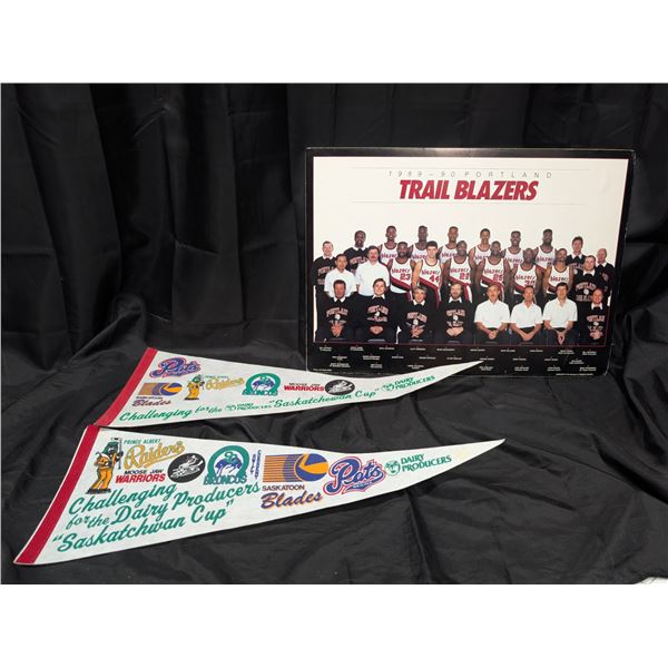Vintage Sports Items (Prince Albert Sports Flags, and 1989-90 Portland Trail Blazers Print)