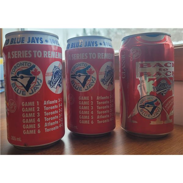 Three BLUE JAYS World Series Coca-Cola pop cans - empty
