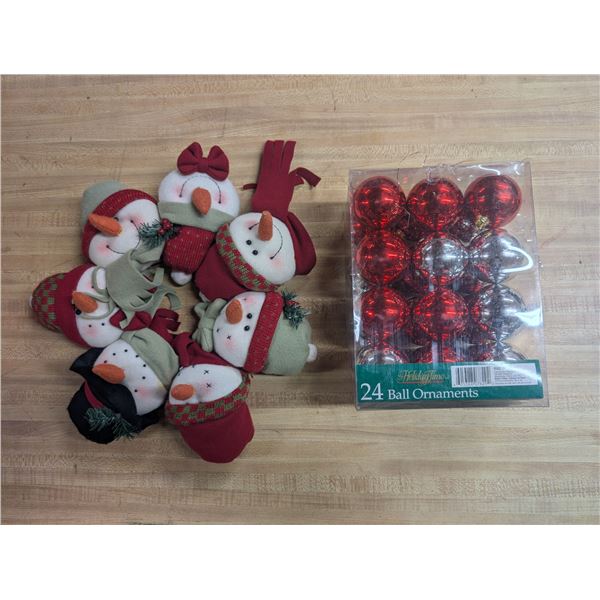 box of New Christmas Ornaments and Snowman Christmas reef