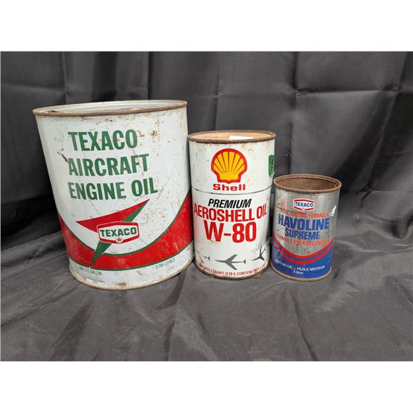 Texaco Air Craft Engine Oil Can (Empty) Premium Aeroshell Oil (full) and Havoline Supreme Can (Empty
