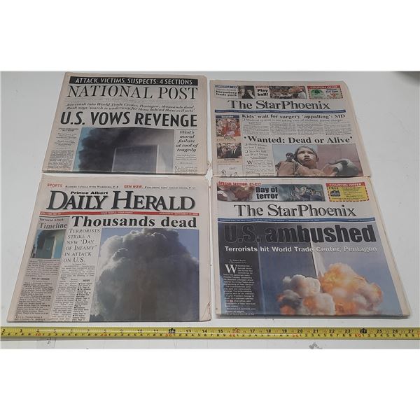 Four Vintage 9/11 Newspapers (2 Star Phoenix, 1 National Post, & 1 P.A. Daily Herald)