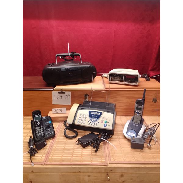 Lot # 903 Vintage lot featuring a classic black boombox radio, beige fax machine with corded handset