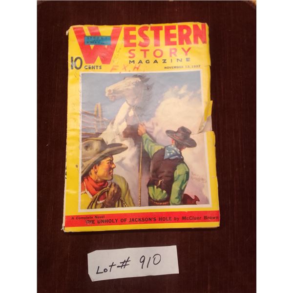 Lot # 910 1937 Western Story Magazine – Nov 13.  Dramatic cover: rearing horse, tense cowbo