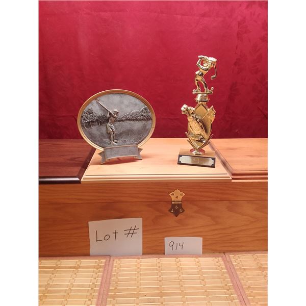 Lot # 914 Pair of vintage golf trophies: a detailed silver-tone relief plaque depicting a golfer mid