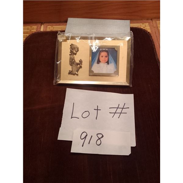 Lot # 918 Vintage religious picture frame featuring a kneeling child figurine and a portrait of a gi