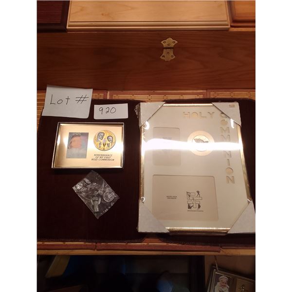 Lot # 920 First Holy Communion Memory Set - Large framed display with photo mount, praying hands med