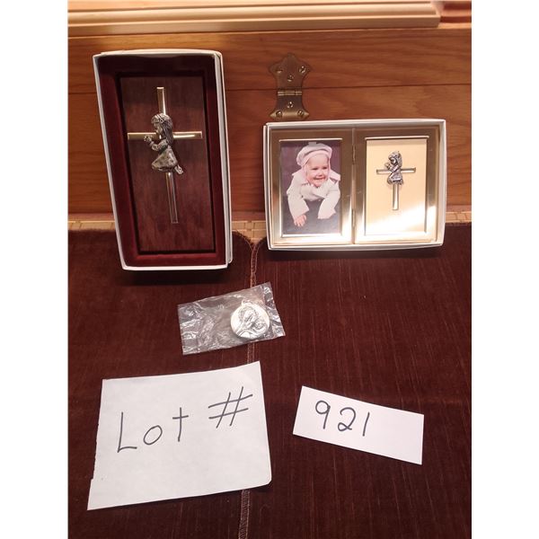 Lot # 921 Christening Keepsake Trio – New old stock - Silver angel cross plaque in box - Fo
