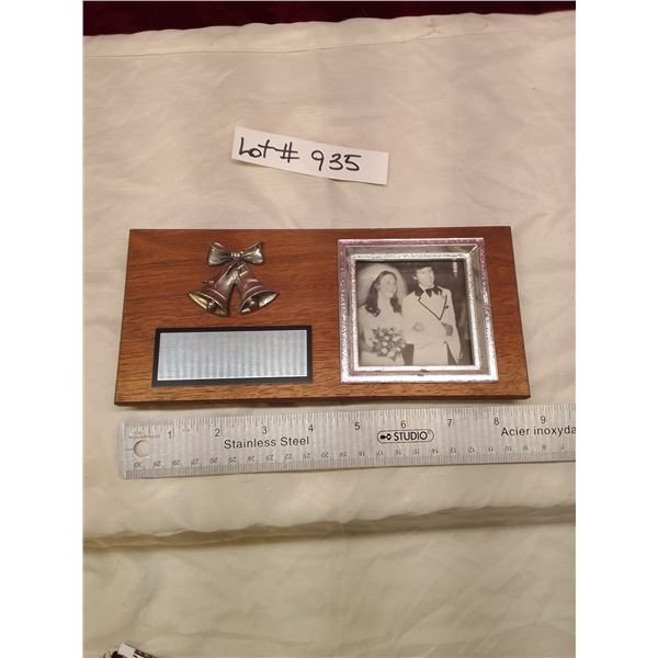 Lot # 935 Vintage wedding photo plaque with silver bells & blank name plate - 1970s retro keepsake, 