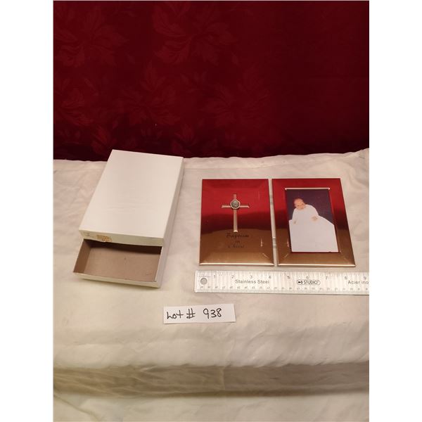 Lot # 938 Vintage Photo Frame with Cross – Baptism / Christening Them Elegant, brushed silv
