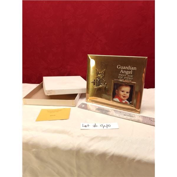 Lot # 940 Guardian Angel Baby Photo Frame - Bronze Tone Metal w/ Pewter Angel Figurine "Watch over a