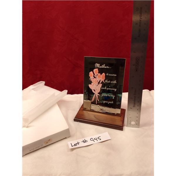 Lot # 945 Vintage Glass Mother’s Day Plaque Ballerina design, glass on wood base. Mother...