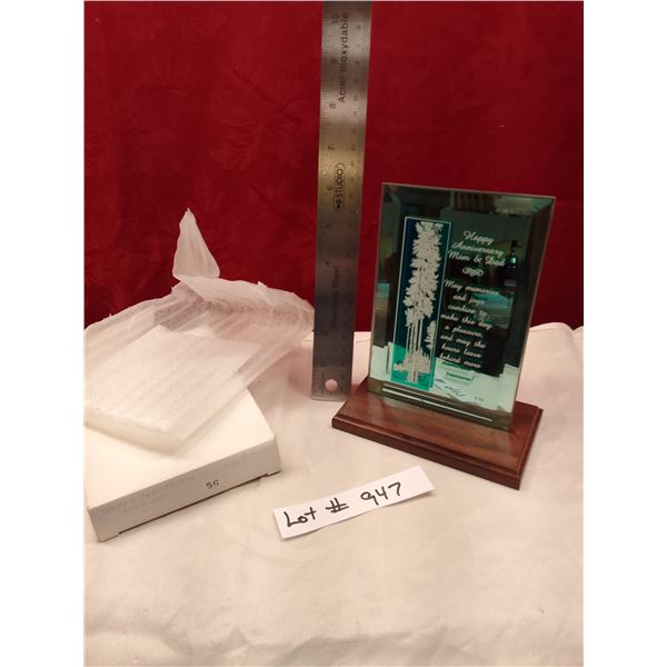 Lot # 947 Happy Anniversary Mom & Dad Mirrored Glass Plaque w/ Tree Design & Wood Base - NOS "May me