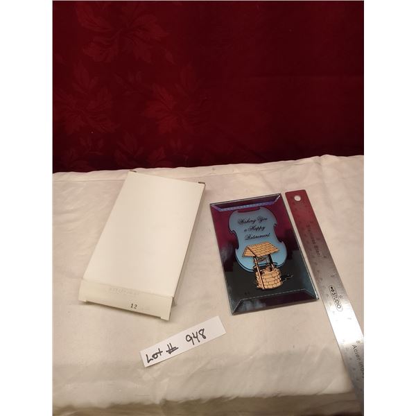 Lot # 948 Wishing You a Happy Retirement Glass Plaque with Wishing Well Design - NOS