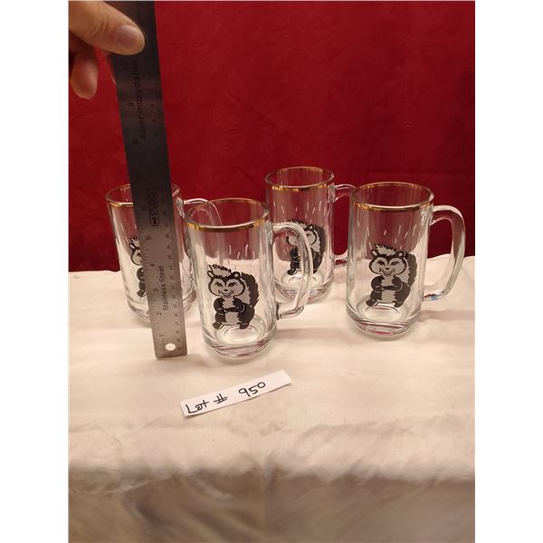 Lot # 950 Set of 4 Vintage NOS Skunk Beer Mugs - Gold Rim - Cartoon Skunk Design - New Old Stock, Ne