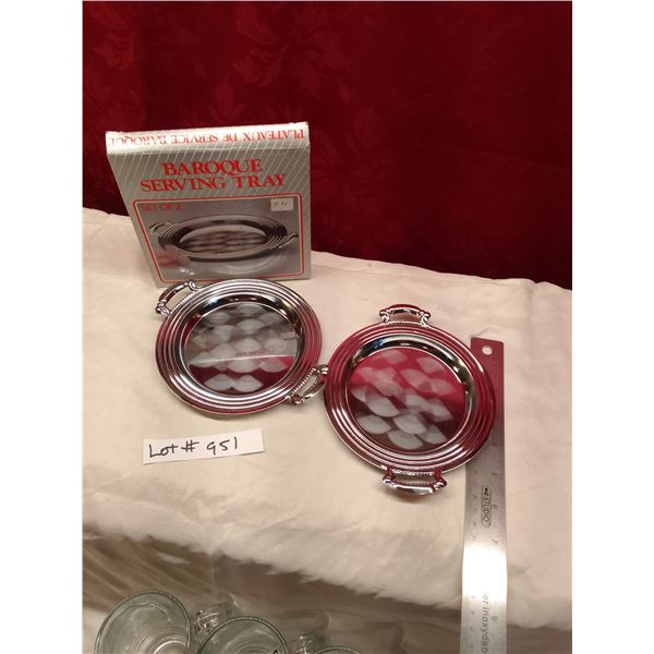 Lot # 951 Vintage Baroque Chrome Serving Trays Set of 2 w/ Handles & Original Box – NOS. Pe