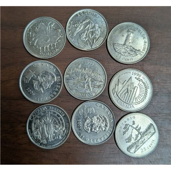 Lot of (9) Commemorative and Special Canadian 25 Cent Coins