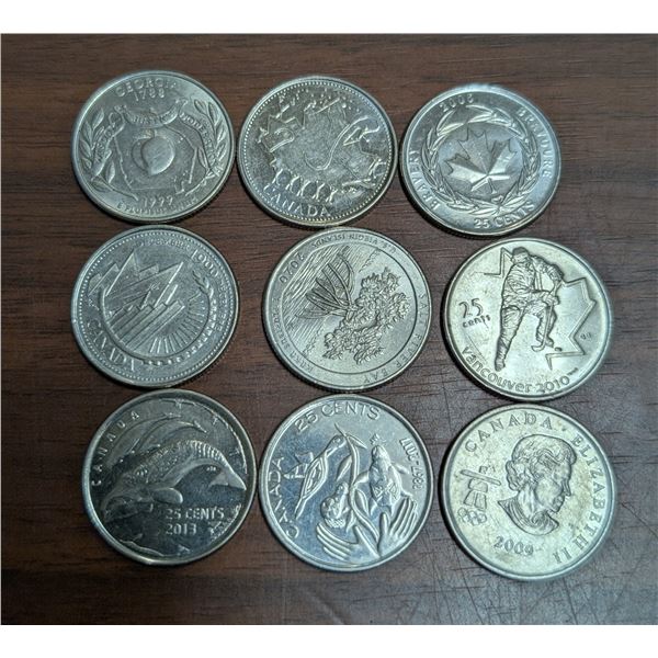 Lot of (9) Commemorative and Special Canadian 25 Cent Coins