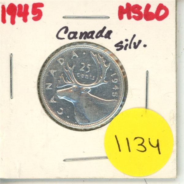 1945 Canada Silver 25 Cents Coin.