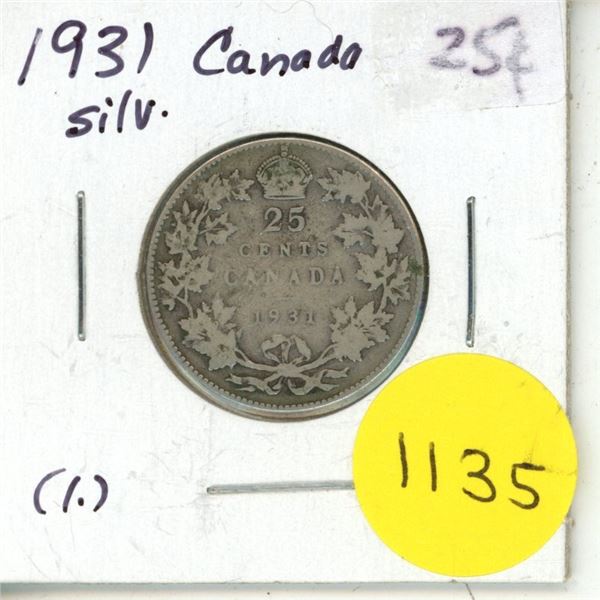 1931 Canada Silver 25 Cents Coin.