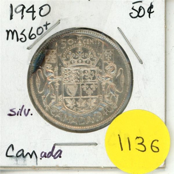 1940 Canada Silver 50 Cents Coin.