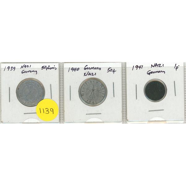 Lot of 3: Nazi Germany 1939, 1940 Fifty Pfennig & 1941 1 Pfennig.