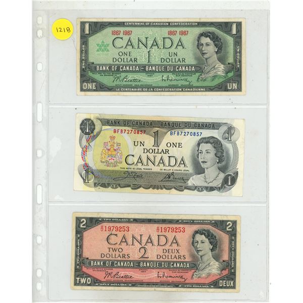 1967, 1973 Canadian One Dollar  and 1954 Canadian Two Dollars.