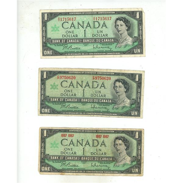 (3) 1967  Canada One Dollar and (2) 1973 Canada  One Dollars.