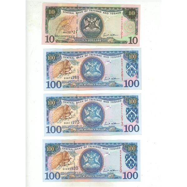 (1) Ten and (3) 100 Dollar Banknote of Central Bank of Trinidad and Tobago.