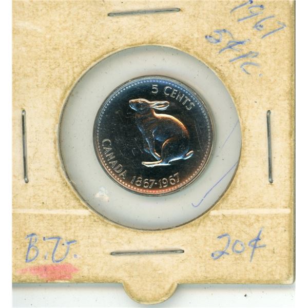 1967 (1867-) Canadian 5-Cent Rabbit/Hare Confederation Centennial Nickel Coin