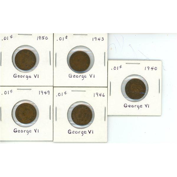(5) Vintage Canadian Penny's From 1940,43,46,49,and 50