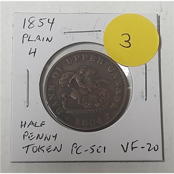 Province of Canada 1854 Plain 4 Half Penny Token. Bank of Upper Canada. PC-5C1. VF-20.