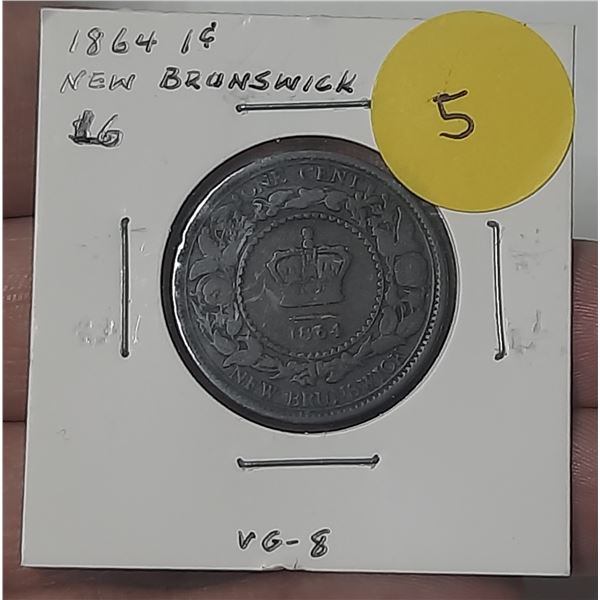 New Brunswick. 1864 1 Cent. Long 6 variety. The last coin NB issued before it joined Canada. VG-8.
