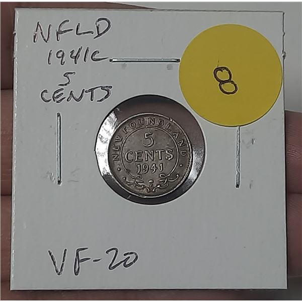 Newfoundland. 1941c Silver 5 Cents. Minted in Canada because of World War II. VF-20.