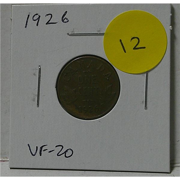 Canadian 1926 Small Cent. Semi-Key Date. VF-20.